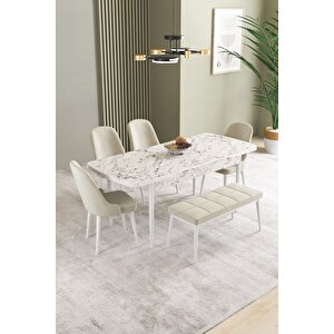 Ikon Beyaz Mermer 80x132 Açılabilir Mdf Masa Yemek Odası Takımı, Mutfak Takımı 4 Sandalye, 1 Bench Krem