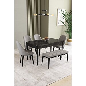 Ikon Siyah Mermer 80x132 Açılabilir Mdf Masa Yemek Odası Takımı, Mutfak Takımı 4 Sandalye, 1 Bench Gri