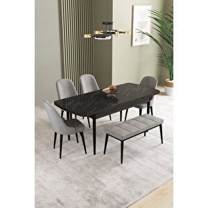 Ikon Siyah Mermer 80x132 Açılabilir Mdf Masa Yemek Odası Takımı, Mutfak Takımı 4 Sandalye, 1 Bench Gri