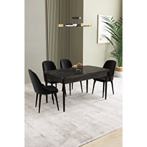 Ikon Siyah Mermer 80x132 Açılabilir Mdf Masa Yemek Odası Takımı, Mutfak Takımı 4 adet Sandalye Siyah