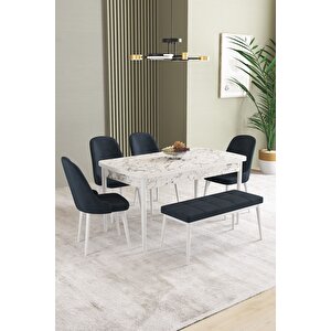 Ikon Beyaz Mermer 80x132 Açılabilir Mdf Masa Yemek Odası Takımı, Mutfak Takımı 4 Sandalye, 1 Bench Antrasit