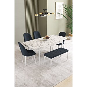 Ikon Beyaz Mermer 80x132 Açılabilir Mdf Masa Yemek Odası Takımı, Mutfak Takımı 4 Sandalye, 1 Bench Antrasit