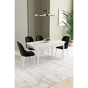 Ikon Beyaz Mermer 80x132 Açılabilir Mdf Masa Yemek Odası Takımı, Mutfak Takımı 4 adet Sandalye Siyah
