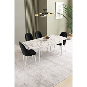 Ikon Beyaz Mermer 80x132 Açılabilir Mdf Masa Yemek Odası Takımı, Mutfak Takımı 4 adet Sandalye Siyah