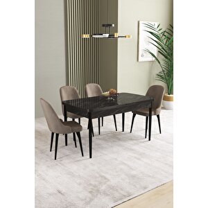 Ikon Siyah Mermer 80x132 Açılabilir Mdf Masa Yemek Odası Takımı, Mutfak Takımı 4 adet Sandalye Cappuccino