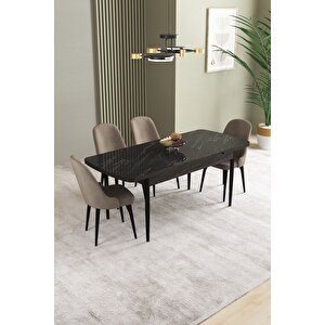 Ikon Siyah Mermer 80x132 Açılabilir Mdf Masa Yemek Odası Takımı, Mutfak Takımı 4 adet Sandalye Cappuccino