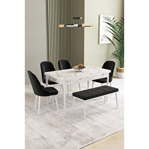 Ikon Beyaz Mermer 80x132 Açılabilir Mdf Masa Yemek Odası Takımı, Mutfak Takımı 4 Sandalye, 1 Bench Siyah