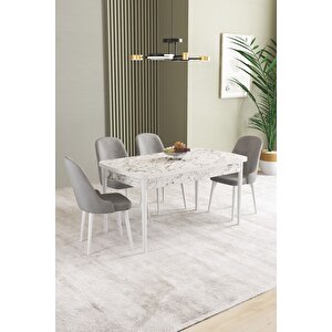 Ikon Beyaz Mermer 80x132 Açılabilir Mdf Masa Yemek Odası Takımı, Mutfak Takımı 4 adet Sandalye Gri