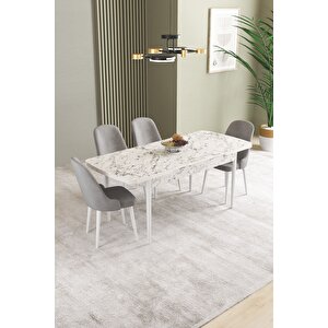 Ikon Beyaz Mermer 80x132 Açılabilir Mdf Masa Yemek Odası Takımı, Mutfak Takımı 4 adet Sandalye Gri