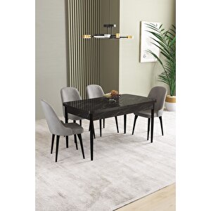 Ikon Siyah Mermer 80x132 Açılabilir Mdf Masa Yemek Odası Takımı, Mutfak Takımı 4 adet Sandalye Gri