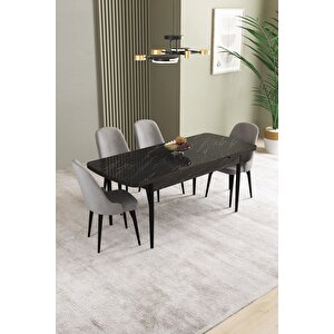 Ikon Siyah Mermer 80x132 Açılabilir Mdf Masa Yemek Odası Takımı, Mutfak Takımı 4 adet Sandalye Gri