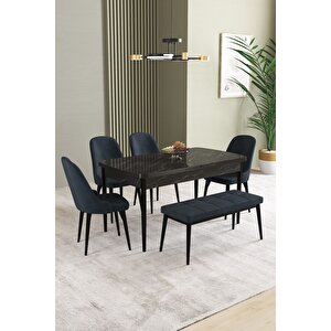 Ikon Siyah Mermer 80x132 Açılabilir Mdf Masa Yemek Odası Takımı, Mutfak Takımı 4 Sandalye, 1 Bench Antrasit