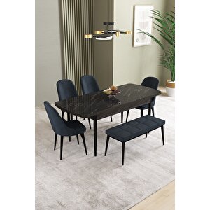Ikon Siyah Mermer 80x132 Açılabilir Mdf Masa Yemek Odası Takımı, Mutfak Takımı 4 Sandalye, 1 Bench Antrasit