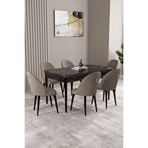 Milas Siyah Mermer Desen 80x132 Açılabilir Mdf Masa Yemek Odası Takımı,mutfak Takımı 6 adet Sandalye Cappuccino