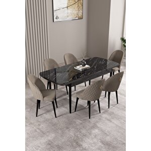 Milas Siyah Mermer Desen 80x132 Açılabilir Mdf Masa Yemek Odası Takımı,mutfak Takımı 6 adet Sandalye Cappuccino