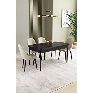 Ikon Siyah Mermer 80x132 Açılabilir Mdf Masa Yemek Odası Takımı, Mutfak Takımı 4 adet Sandalye Krem