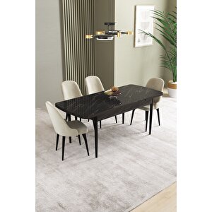 Ikon Siyah Mermer 80x132 Açılabilir Mdf Masa Yemek Odası Takımı, Mutfak Takımı 4 adet Sandalye Krem