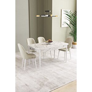 Ikon Beyaz Mermer 80x132 Açılabilir Mdf Masa Yemek Odası Takımı, Mutfak Takımı 4 adet Sandalye Krem