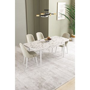 Ikon Beyaz Mermer 80x132 Açılabilir Mdf Masa Yemek Odası Takımı, Mutfak Takımı 4 adet Sandalye Krem