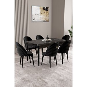 Milas Siyah Mermer Desen 80x132 Açılabilir Mdf Masa Yemek Odası Takımı,mutfak Takımı 6 adet Sandalye Siyah
