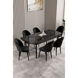 Milas Siyah Mermer Desen 80x132 Açılabilir Mdf Masa Yemek Odası Takımı,mutfak Takımı 6 adet Sandalye Siyah