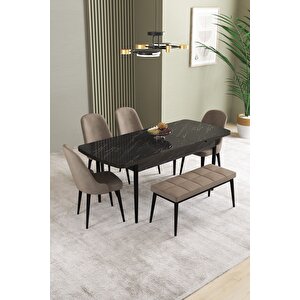 Ikon Siyah Mermer 80x132 Açılabilir Mdf Masa Yemek Odası Takımı, Mutfak Takımı 4 Sandalye, 1 Bench Cappuccino