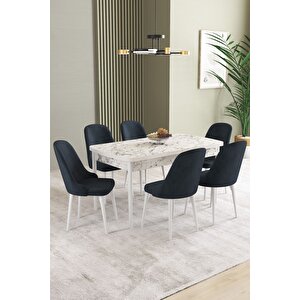 Ikon Beyaz Mermer 80x132 Açılabilir Mdf Masa Yemek Odası Takımı, Mutfak Takımı 6 Adet Sandalye Antrasit
