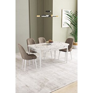 Ikon Beyaz Mermer 80x132 Açılabilir Mdf Masa Yemek Odası Takımı, Mutfak Takımı 4 adet Sandalye Cappuccino