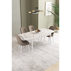 Ikon Beyaz Mermer 80x132 Açılabilir Mdf Masa Yemek Odası Takımı, Mutfak Takımı 4 adet Sandalye Cappuccino