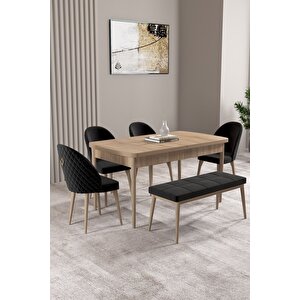 Milas Meşe Desen 80x132 Açılabilir Mdf Masa Yemek Odası Takımı, Mutfak Takımı 4 Sandalye, 1 Bench Siyah