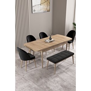 Milas Meşe Desen 80x132 Açılabilir Mdf Masa Yemek Odası Takımı, Mutfak Takımı 4 Sandalye, 1 Bench Siyah