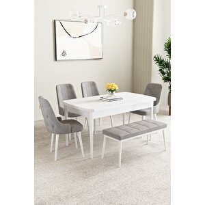Clara Beyaz 80x132 Açılabilir Mdf Masa Yemek Odası Takımı,mutfak Takımı 4 Sandalye 1 Bench Gri
