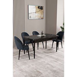Milas Siyah Mermer Desen 80x132 Açılabilir Mdf Masa Yemek Odası Takımı,mutfak Takımı 4 Adet Sandalye Antrasit