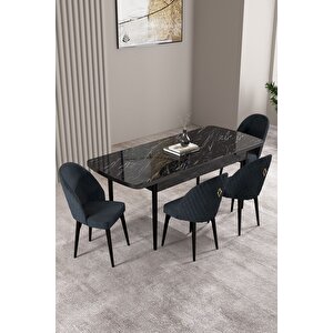 Milas Siyah Mermer Desen 80x132 Açılabilir Mdf Masa Yemek Odası Takımı,mutfak Takımı 4 Adet Sandalye Antrasit