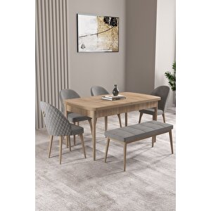 Milas Meşe Desen 80x132 Açılabilir Mdf Masa Yemek Odası Takımı, Mutfak Takımı 4 Sandalye, 1 Bench Gri