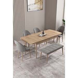 Milas Meşe Desen 80x132 Açılabilir Mdf Masa Yemek Odası Takımı, Mutfak Takımı 4 Sandalye, 1 Bench Gri