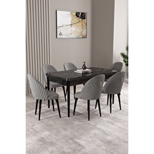 Milas Siyah Mermer Desen 80x132 Açılabilir Mdf Masa Yemek Odası Takımı,mutfak Takımı 6 adet Sandalye Gri
