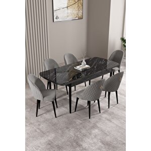 Milas Siyah Mermer Desen 80x132 Açılabilir Mdf Masa Yemek Odası Takımı,mutfak Takımı 6 adet Sandalye Gri