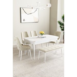 Clara Beyaz 80x132 Açılabilir Mdf Masa Yemek Odası Takımı,mutfak Takımı 4 Sandalye 1 Bench Krem