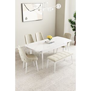 Clara Beyaz 80x132 Açılabilir Mdf Masa Yemek Odası Takımı,mutfak Takımı 4 Sandalye 1 Bench Krem