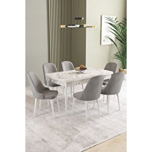 Ikon Beyaz Mermer 80x132 Açılabilir Mdf Masa Yemek Odası Takımı, Mutfak Takımı 6 Adet Sandalye Gri