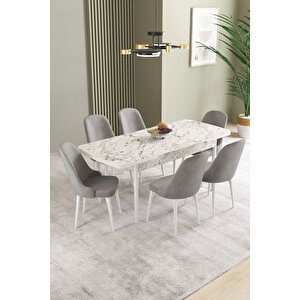 Ikon Beyaz Mermer 80x132 Açılabilir Mdf Masa Yemek Odası Takımı, Mutfak Takımı 6 Adet Sandalye Gri