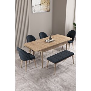Milas Meşe Desen 80x132 Açılabilir Mdf Masa Yemek Odası Takımı, Mutfak Takımı 4 Sandalye, 1 Bench Antrasit