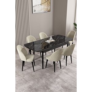 Milas Siyah Mermer Desen 80x132 Açılabilir Mdf Masa Yemek Odası Takımı,mutfak Takımı 6 adet Sandalye Krem