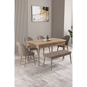 Milas Meşe Desen 80x132 Açılabilir Mdf Masa Yemek Odası Takımı, Mutfak Takımı 4 Sandalye, 1 Bench Cappuccino