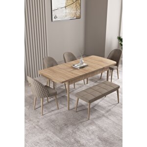 Milas Meşe Desen 80x132 Açılabilir Mdf Masa Yemek Odası Takımı, Mutfak Takımı 4 Sandalye, 1 Bench Cappuccino