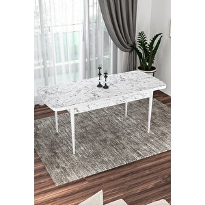 Fiona 80x132 Mdf Masa Metal Ayaklı Açılabilir Üst Kalite Mutfak Masası, Yemek Masası, Salon Masası Beyaz Mermer