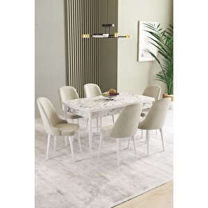 Ikon Beyaz Mermer 80x132 Açılabilir Mdf Masa Yemek Odası Takımı, Mutfak Takımı 6 Adet Sandalye Krem