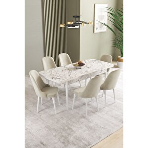 Ikon Beyaz Mermer 80x132 Açılabilir Mdf Masa Yemek Odası Takımı, Mutfak Takımı 6 Adet Sandalye Krem