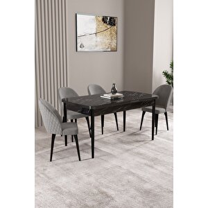 Milas Siyah Mermer Desen 80x132 Açılabilir Mdf Masa Yemek Odası Takımı,mutfak Takımı 4 Adet Sandalye Gri